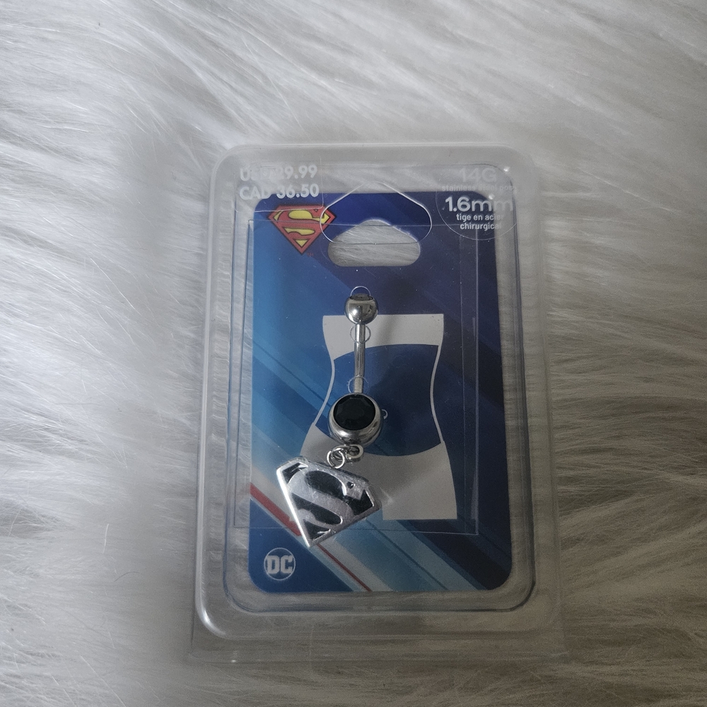 Brand New DC Superman Dangle Belly Bar 14G Stainless Steel - Black Rhinestone